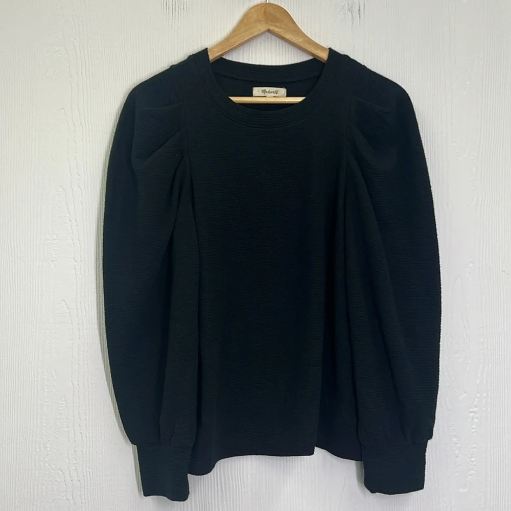 Madewell - Textured Button Puff Long Sleeve Black Crewneck Blouse Size Medium